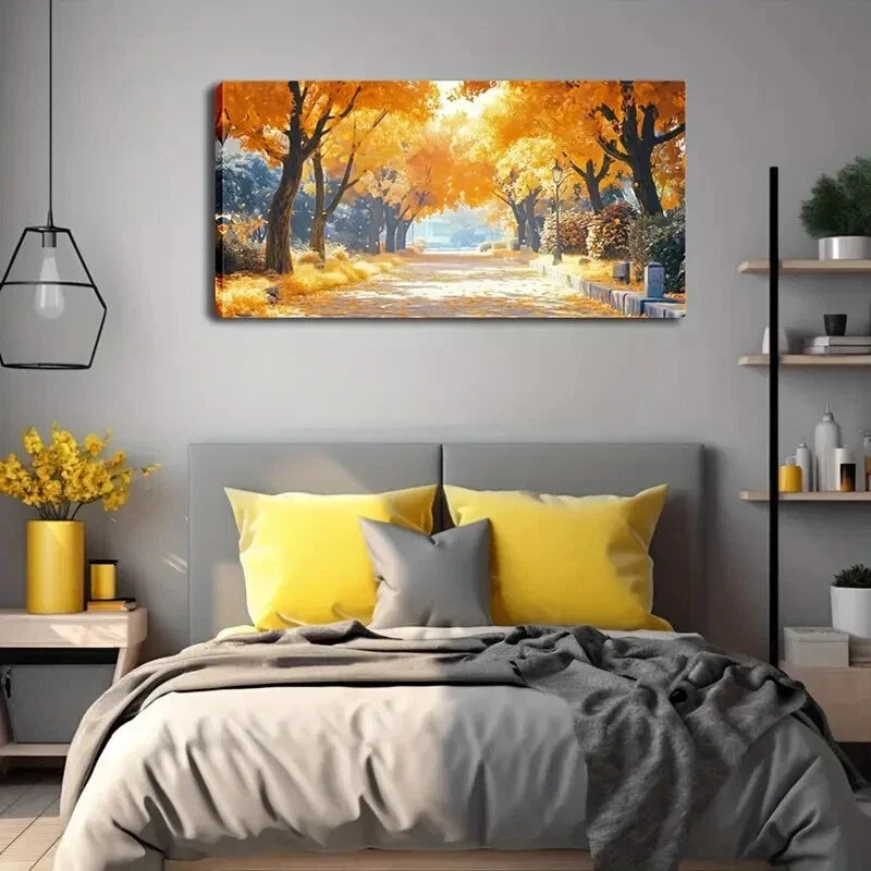 Autumn Pathway Yellow Trees Wall Art Canvas Office Home Room Framed 120x60cm