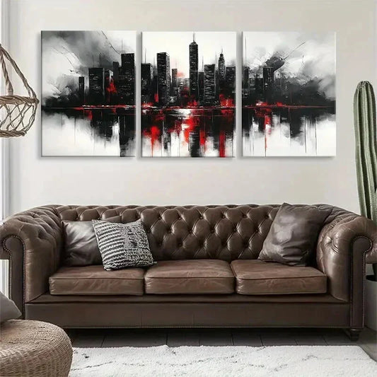 3pcs Red and Black Abstract Cityscape Perfect Wall Art Set Canvas Framed 40x60cm - High Quality Print 100% Australian Made Wall Canvas Ready to Hang