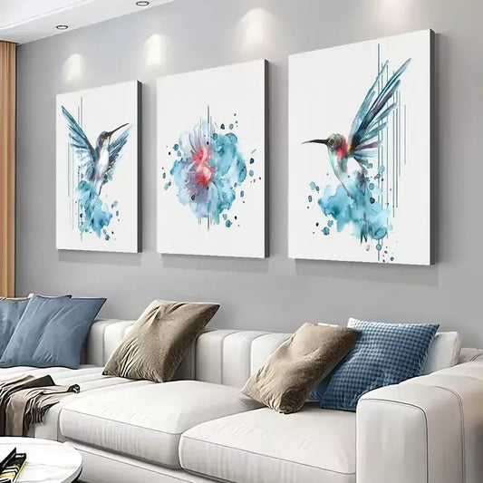 3pcs Creative Vibrant Blue Hummingbird Wall Art Set Canvas Framed 40x60cm - High Quality Print 100% Australian Made Wall Canvas Ready to Hang