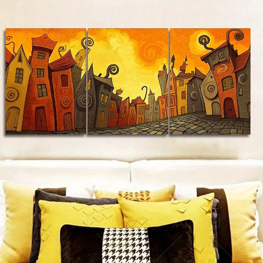 3pcss Buildings in The City Strange Background Wall Art Set Canvas Framed 40x60cm - High Quality Print 100% Australian Made Wall Canvas Ready to Hang