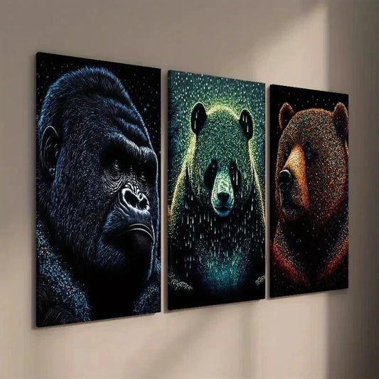 3pcs Wildlife Gorilla Panda & Grizzly Bear Wall Art Set Canvas Framed 40x60cm - High Quality Print 100% Australian Made Wall Canvas Ready to Hang