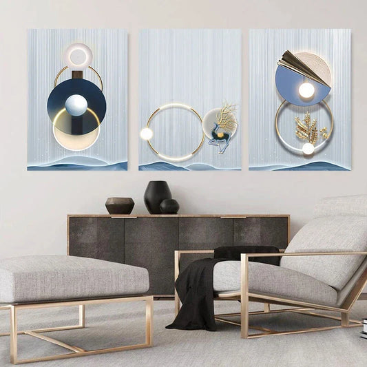 3pcs Golden Modern Abstract Rings Metal Print Ready to Hang Art
