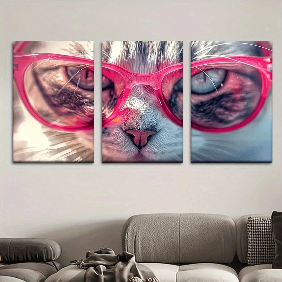 3pcs Animal Cat Wearing Pink Glasses Style Metal Print Ready to Hang Art