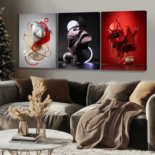 3pcs Modern Abstract Art Red & Gold Black White Wall Art Set Canvas Framed 40x60cm - High Quality Print 100% Australian Made Wall Canvas Ready to Hang