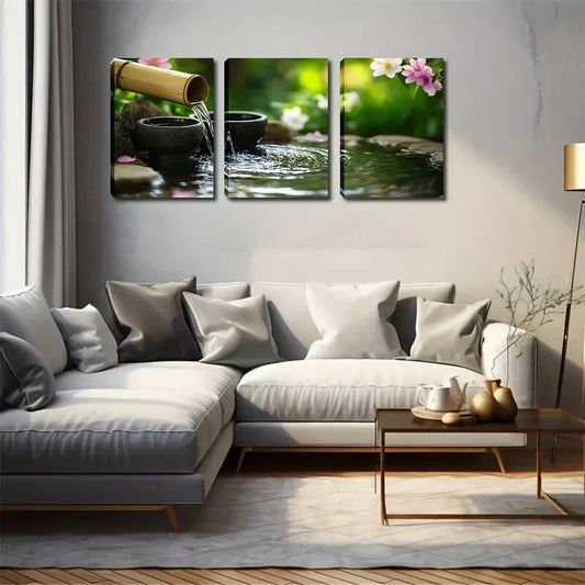 3pcs bamboo flow blooming flowers next to water Wall Art Set Canvas Framed 40x60cm - High Quality Print 100% Australian Made Wall Canvas Ready to Hang