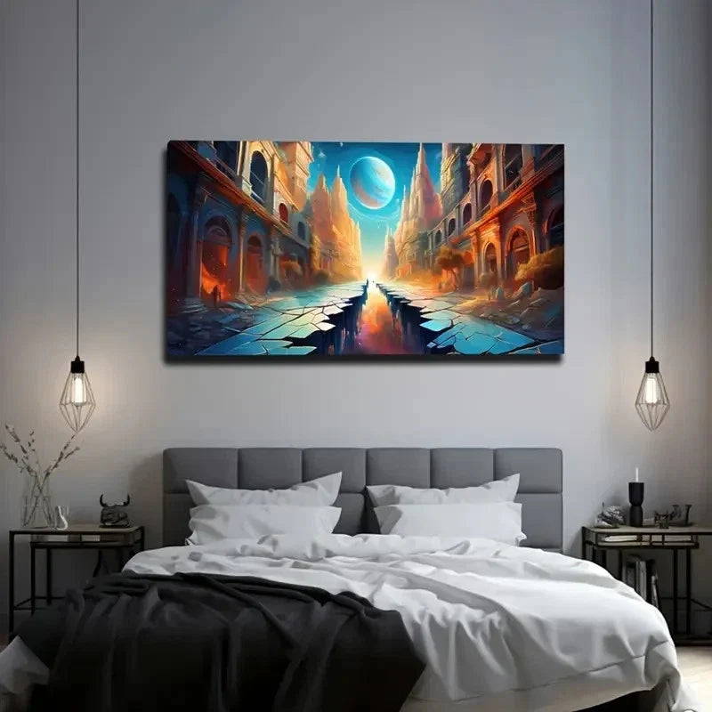 Fantasy City Planet Wall Art Canvas Office Home Room Framed 80x45cm