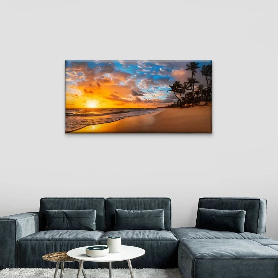 Beach Sun Palm Trees Sky Wall Art Canvas Office Home Room Framed 80x45cm