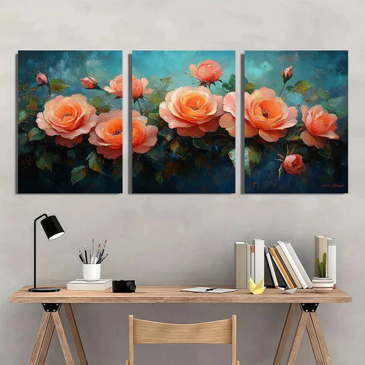 3pcs Vibrant Rose Oil Painting Metal Print Ready to Hang Art