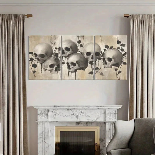 3pcs Skull Distressed Texture with Withered Vines Metal Print Ready to Hang Art