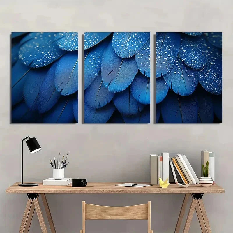 3pcs Elegant Blue and Silver Feather Metal Print Ready to Hang Art