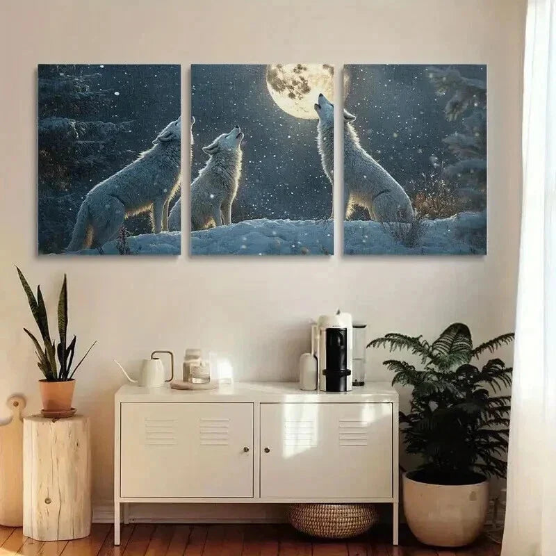 3pcs Wolves Howling at the White Moon Wall Art Set Canvas Framed 40x60cm - High Quality Print 100% Australian Made Wall Canvas Ready to Hang