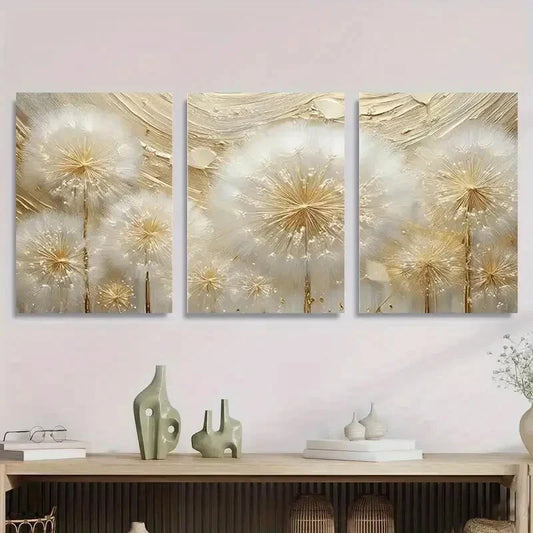 3pcs White and Golden Floral Elegant Metal Print Ready to Hang Art