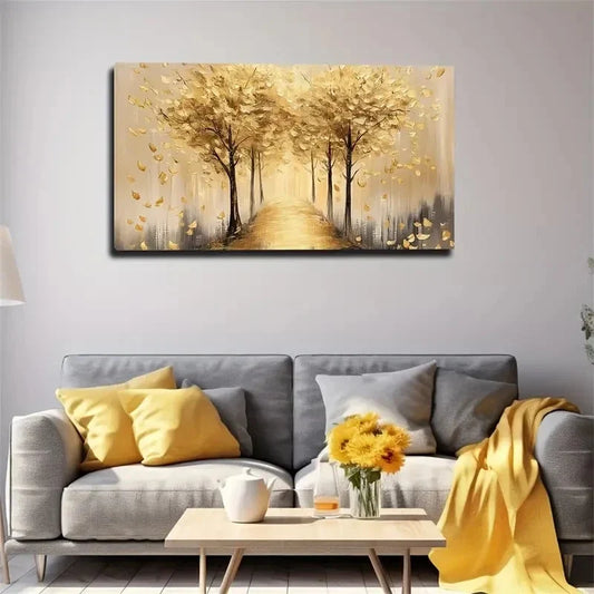 Golden-Yellow Trees Vintage Wall Art Canvas Office Home Room Framed 80x45cm