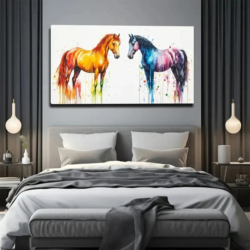 Two Horses Approaching Wall Art Canvas Office Home Room Framed 80x45cm