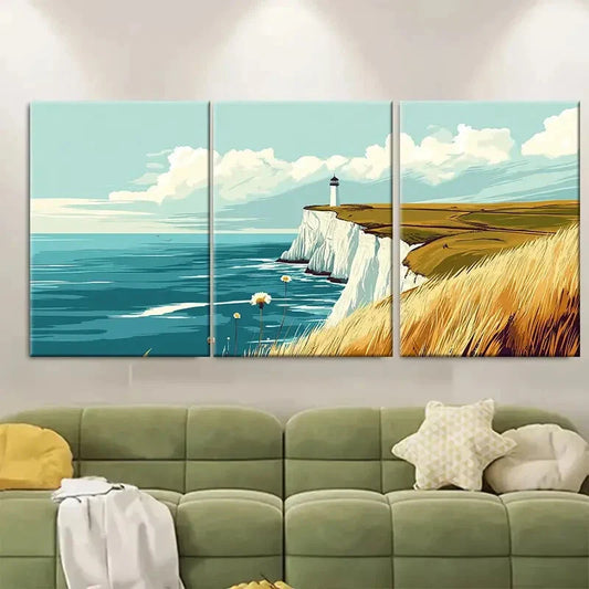 3pcs White Cliffs Scene with Lighthouse & Daisies Metal Print Ready to Hang Art