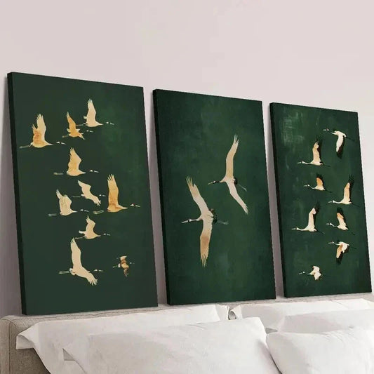 3pcs Cranes in Emerald Green Backdrop Wall Art Set Canvas Framed 40x60cm - High Quality Print 100% Australian Made Wall Canvas Ready to Hang