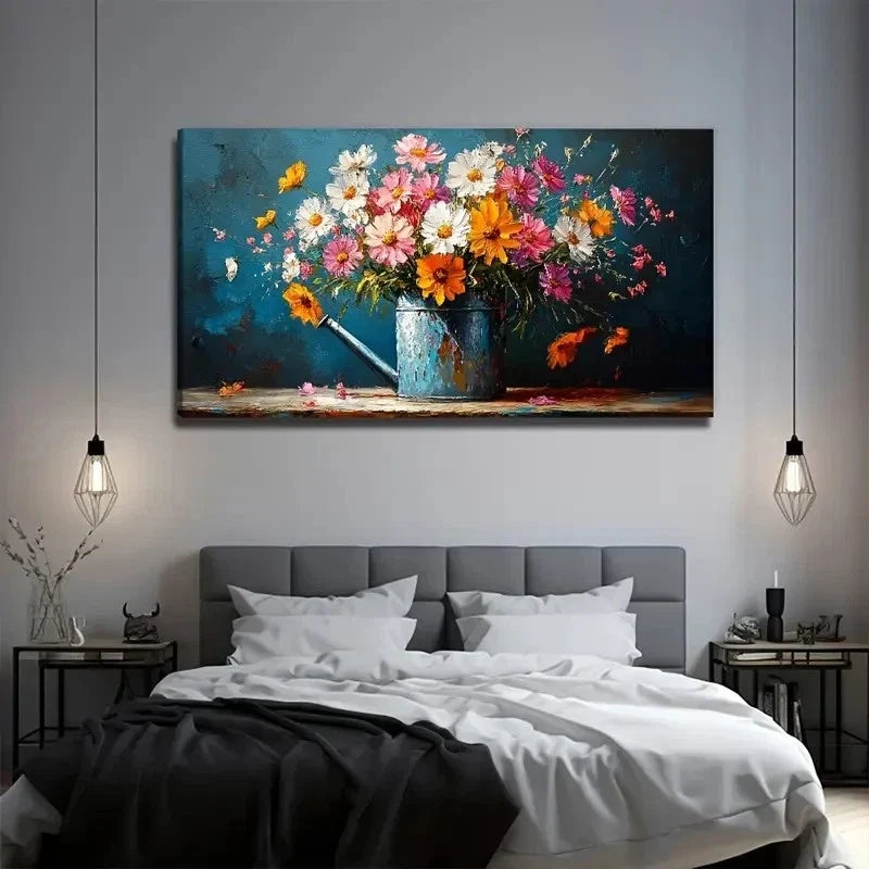 Vibrant Bouquet In Blue Vase Wall Art Canvas Office Home Room Framed 80x45cm