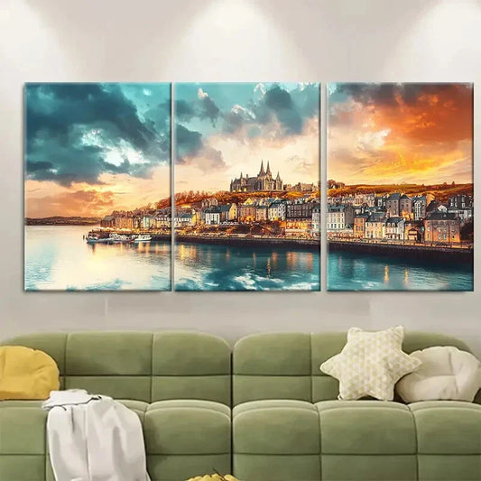 3pcs Scenic Landscape with Castle & Harbour Metal Print Ready to Hang Art