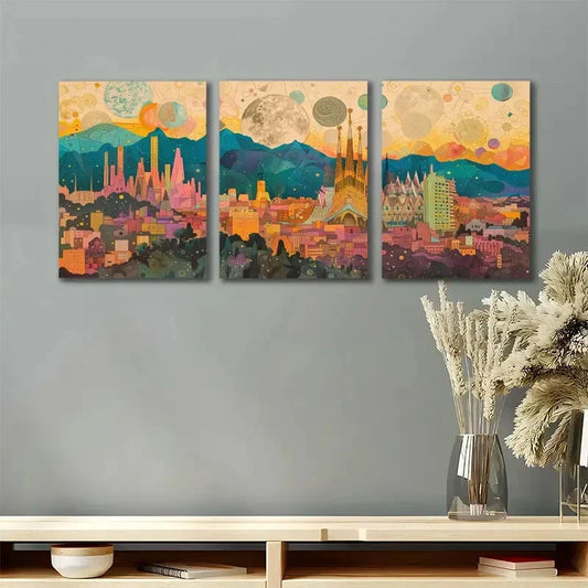 3pcs Barcelona Skyline Vibrant Colorful Melting Metal Print Ready to Hang Art