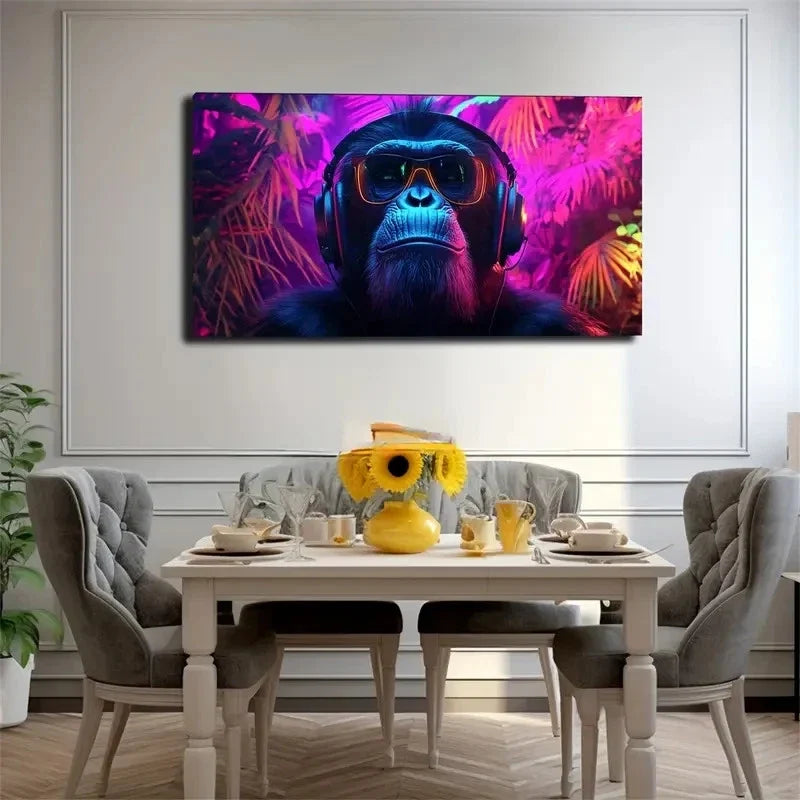 Gorilla Wearing Headphones Wall Art Canvas Office Home Room Framed 80x45cm