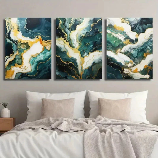 3pcs Modern Green Marble Abstract Golden Metal Print Ready to Hang Art
