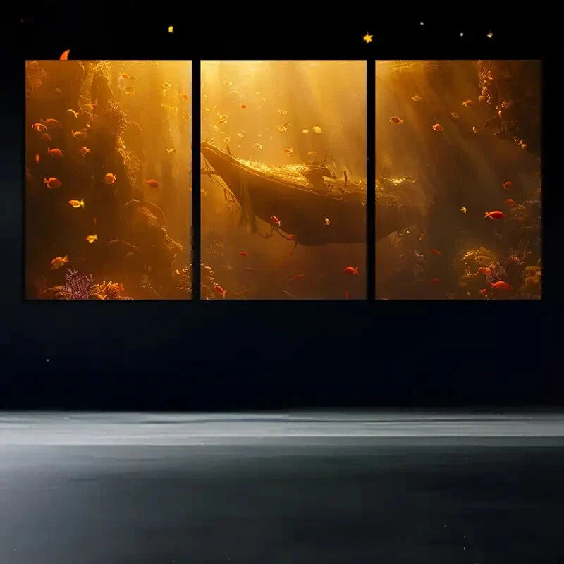 3pcs Sunken Submarine Underwater Sea Life Metal Print Ready to Hang Art