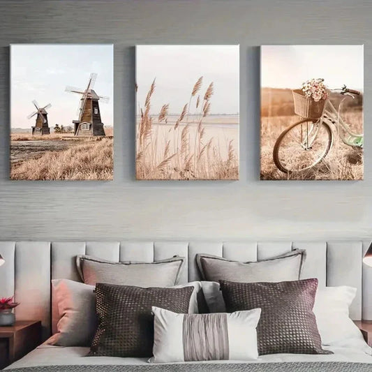 3pcs Beige Grassland Windmill & Reed Metal Print Ready to Hang Art