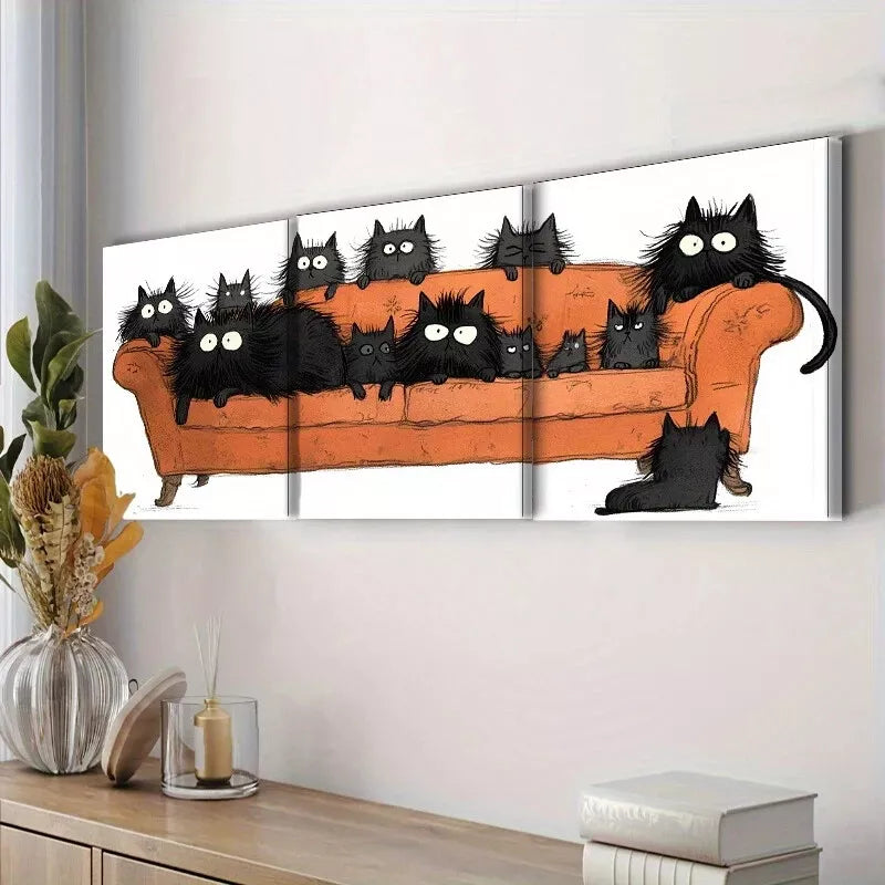 3pcss Art Deco Modern Black Cats on Couch, Wall Art Set Canvas Framed 40x60cm - High Quality Print 100% Australian Made Wall Canvas Ready to Hang