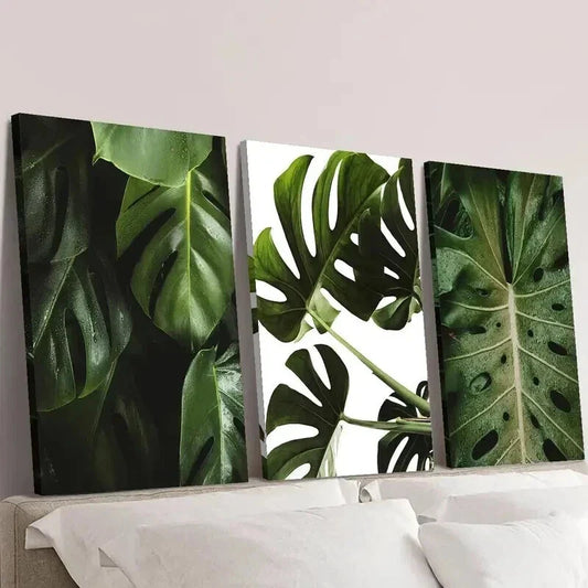 3pcs Green Monstera Deliciosa Leaves Wall Art Set Canvas Framed 40x60cm - High Quality Print 100% Australian Made Wall Canvas Ready to Hang