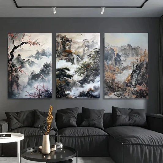 3pcs Traditional Chinese Landscape Metal Print Ready to Hang Art