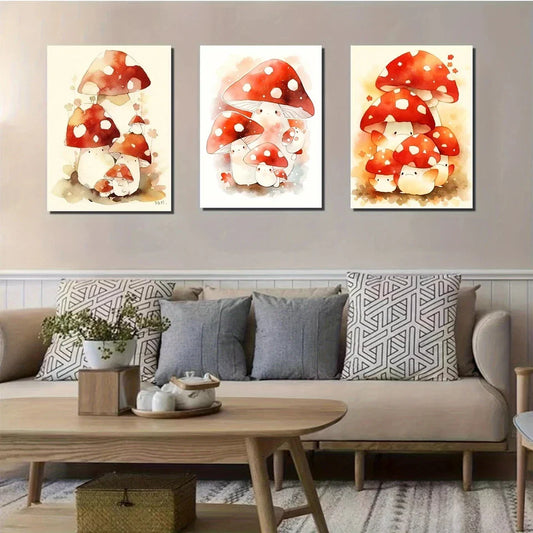 3pcs Three Mushrooms Cute Flat Watercolor Metal Print Ready to Hang Art