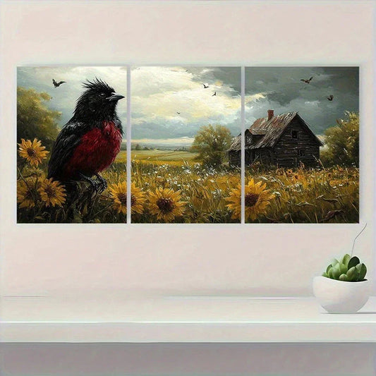 3pcs Black & Red Bird Golden Wheat Field Metal Print Ready to Hang Art