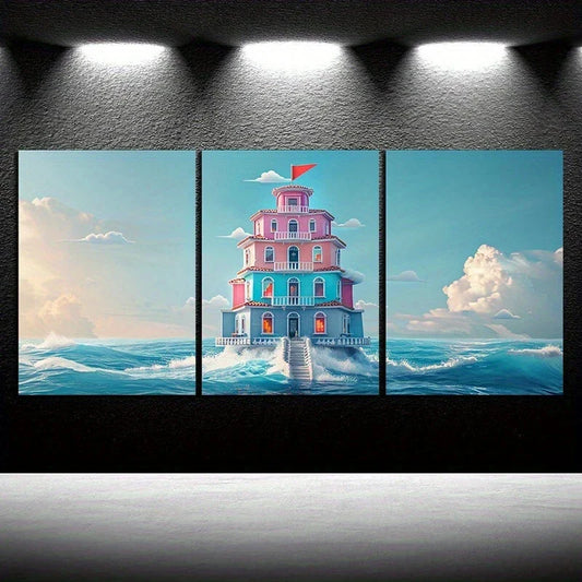 3pcs Dream Water Tower White Clouds Metal Print Ready to Hang Art