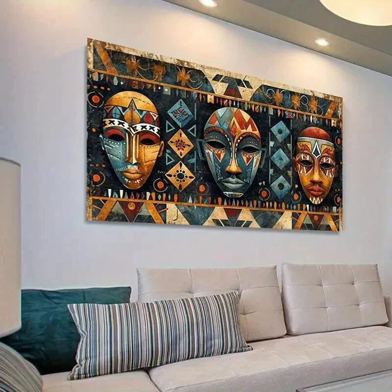 Tribal Masks Geometric Vibrant Wall Art Canvas Office Home Room Framed 120x60cm