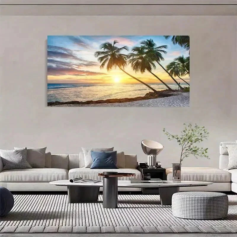 Sandy Beach Palm Trees Island Wall Art Canvas Office Home Room Framed 80x45cm