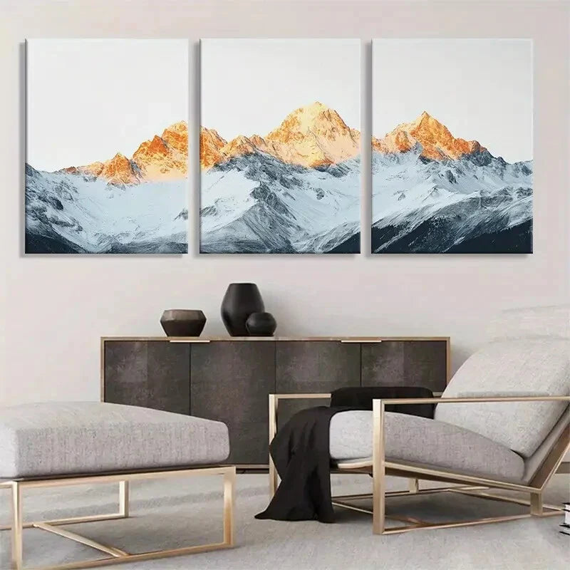 3pcs Snowy Mountain Peak Majestic Golden Perfect Wall Art Set Canvas Framed 40x60cm - High Quality Print 100% Australian Made Wall Canvas Ready to Hang