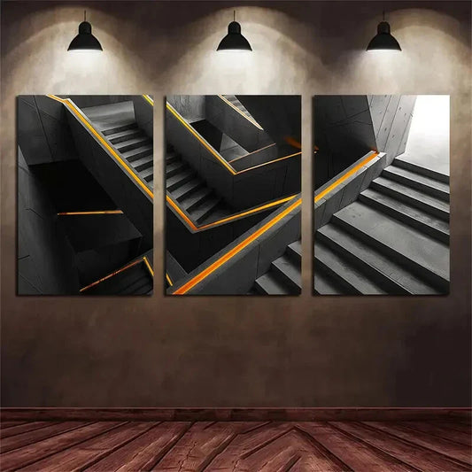 3pcs Steps Gray Colour Yellow Lines Metal Print Ready to Hang Art