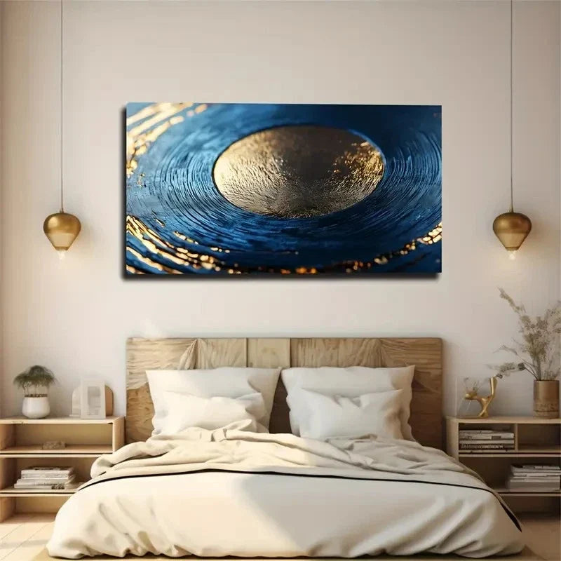 Golden Swirls & Blue Orbit Wall Art Canvas Office Home Room Framed 120x60cm