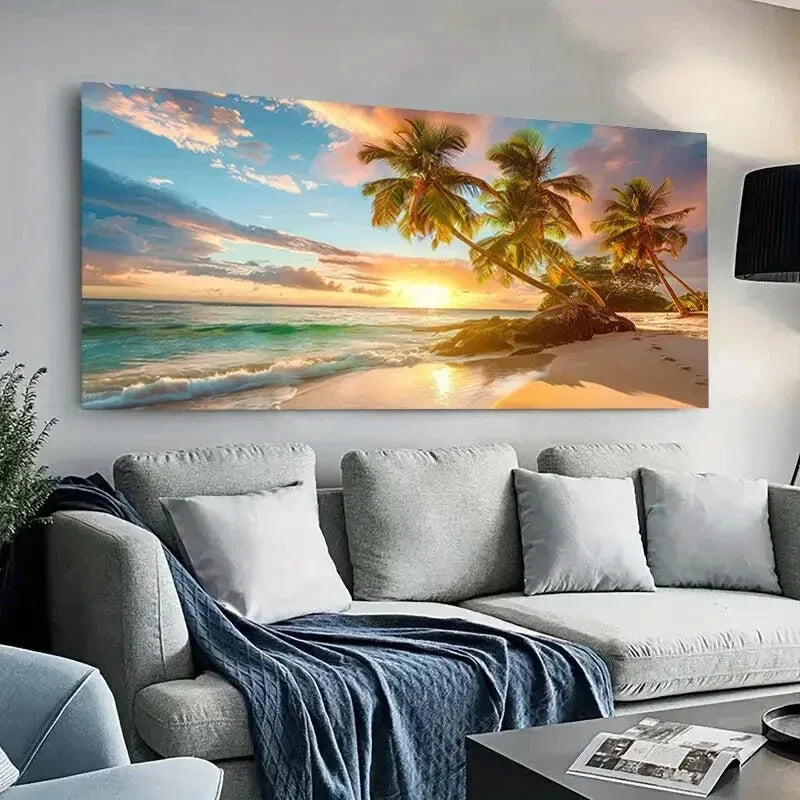 Caribbean Sunset Tropical Wall Art Canvas Office Home Room Framed 120x60cm