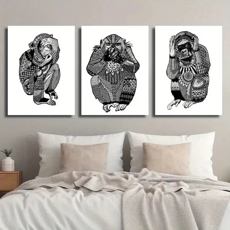 3pcs Three Little Wise Monkeys Wall Art Set Canvas Framed 40x60cm - High Quality Print 100% Australian Made Wall Canvas Ready to Hang