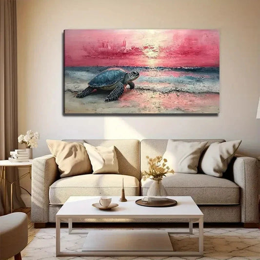 Turtle On The Beach Modern Wall Art Canvas Office Home Room Framed 80x45cm