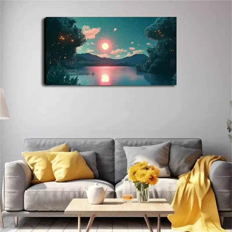 Orange Sunset Reflection Serene Wall Art Canvas Office Home Room Framed 120x60cm