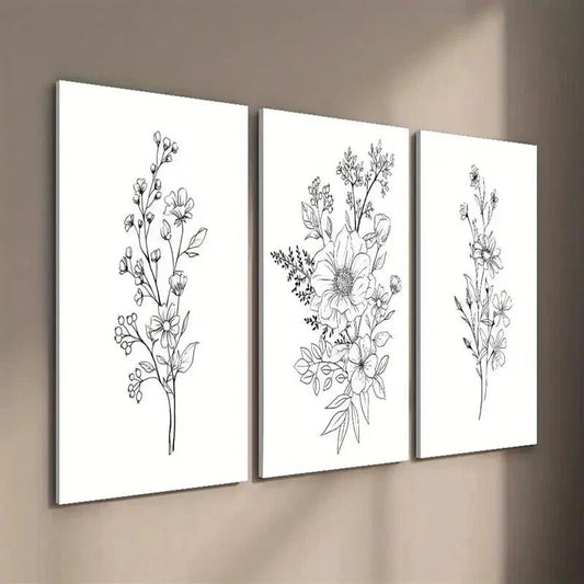 3pcs Black and White Botanical Floral Theme Wall Art Set Canvas Framed 40x60cm - High Quality Print 100% Australian Made Wall Canvas Ready to Hang