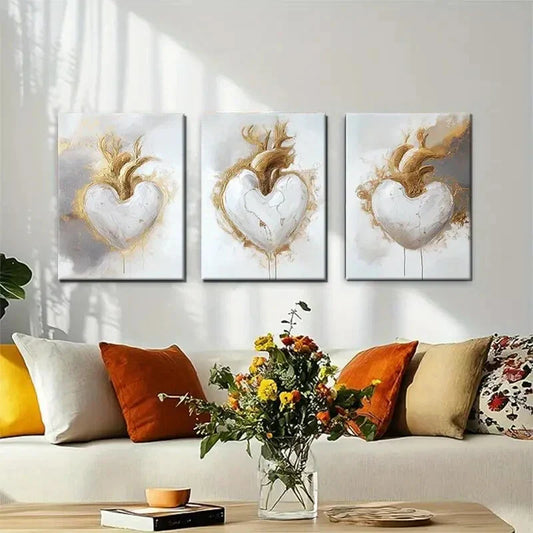 3pcs Modern Abstract Golden Heart White Perfect Wall Art Set Canvas Framed 40x60cm - High Quality Print 100% Australian Made Wall Canvas Ready to Hang