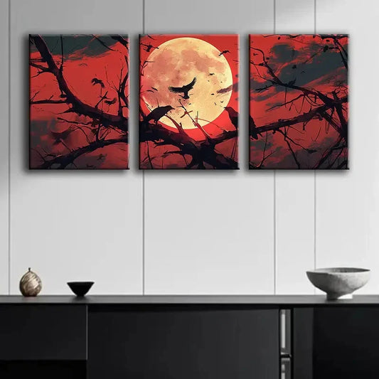 3pcs Crows & Scarlet Moon Black Silhouettes Metal Print Ready to Hang Art