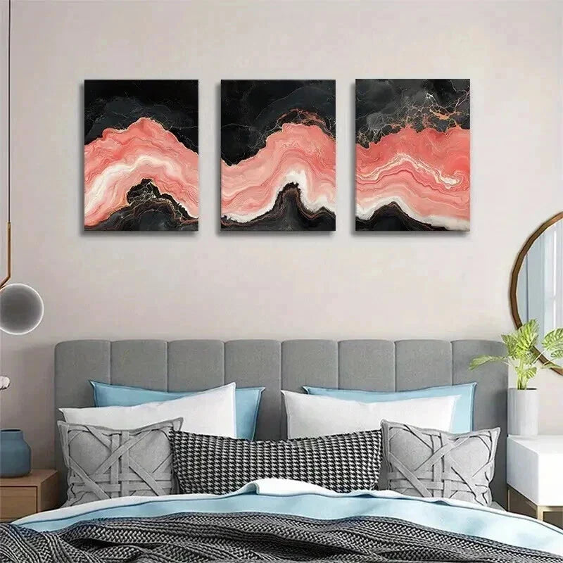 3pcs Abstract Coral Black & Pink Marble Texture Wall Art Set Canvas Framed 40x60cm - High Quality Print 100% Australian Made Wall Canvas Ready to Hang