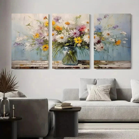 3pcs Vibrant Daisy Flower Vase Bouquet Metal Print Ready to Hang Art