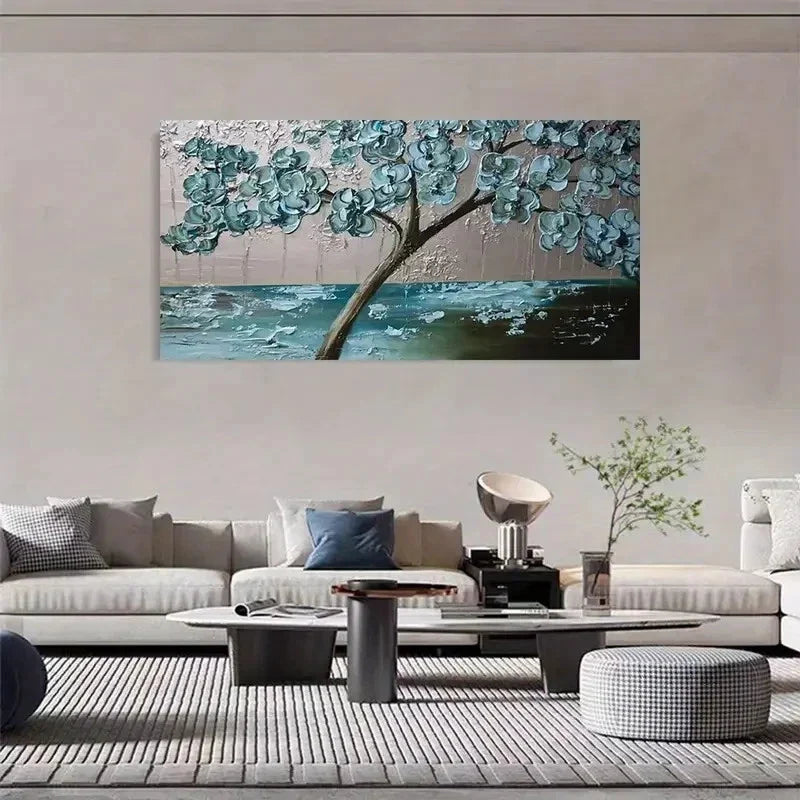 Light Blue Blooming Tree Wall Art Canvas Office Home Room Framed 120x60cm
