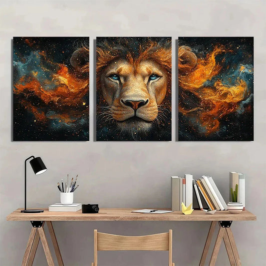 3pcs Lion Vibrant Blue & Orange Metal Print Ready to Hang Art