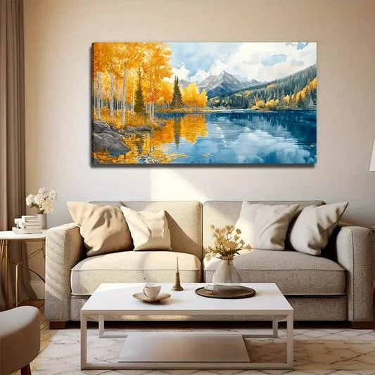 Golden Birch Trees Lake Wall Art Canvas Office Home Room Framed 80x45cm